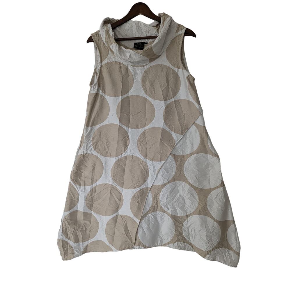 SpiritHouse Crinkle Cowlneck Polka-dot Dress Size XS Lagenlook White Tan Pockets
